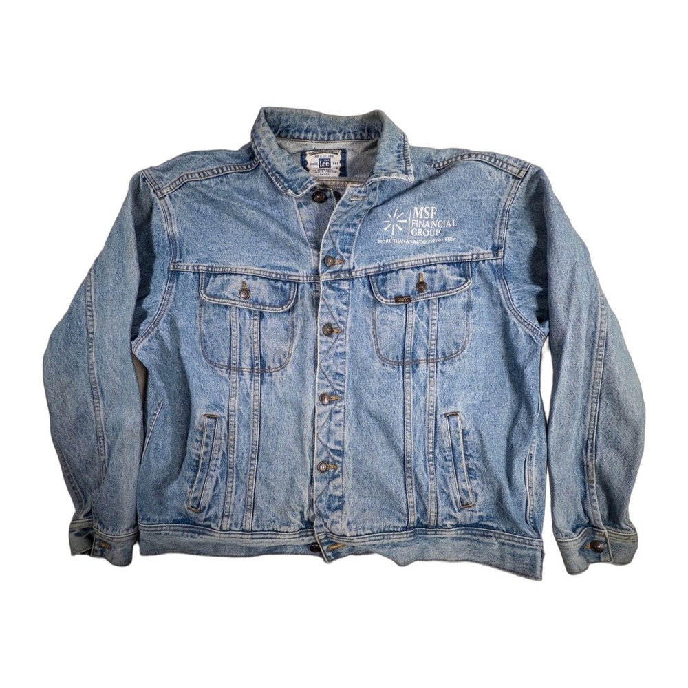 Vintage Lee Denim Jacket MSF Financial Embroidered Large Light Wash Blue Womens
